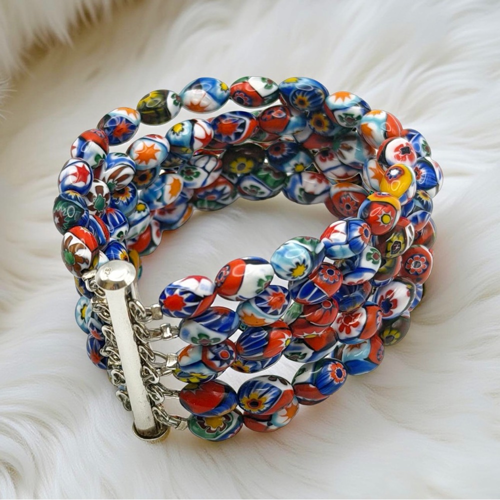 Vintage Murano Millefiori Glass Multi-Strand Bracelet 925 Sterling Silver Clasp